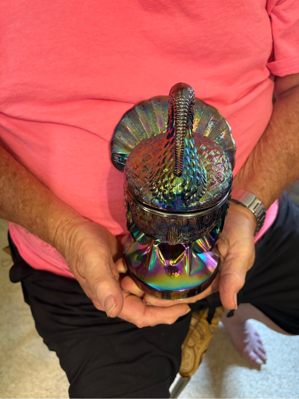 L.E. Smith Vintage Carnival Glass Turkey Covered Dish Iridescent Rainbow